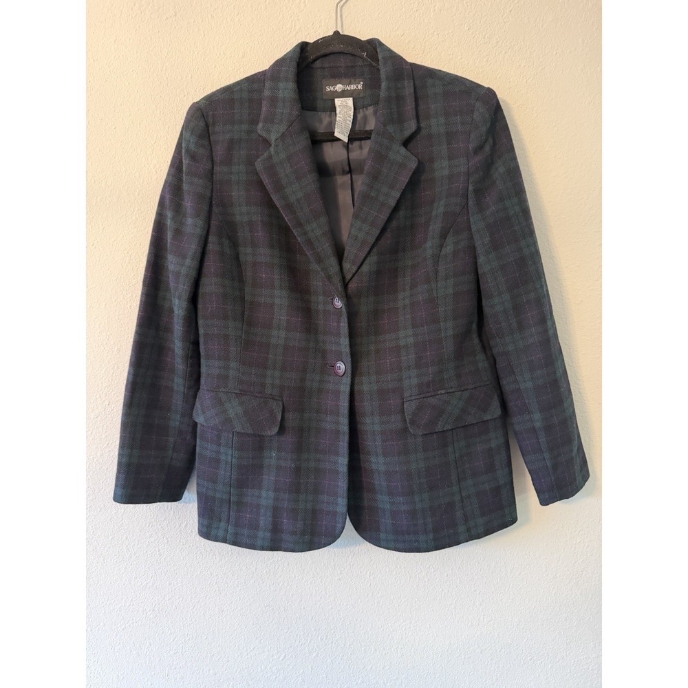 Vintage Sag Harbor plaid Blue And Green Two Button Lined wool blazer size 10